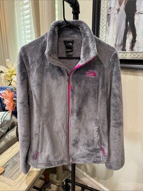 The North Face Gray Fuzzy Full-Zip Jacket with Pink Trim